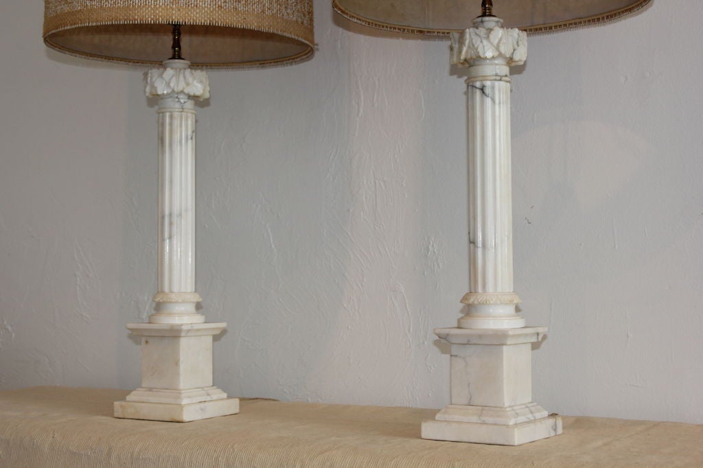 Italian Carved Marble Pillar Lamps W/ Maria Kipp Shades