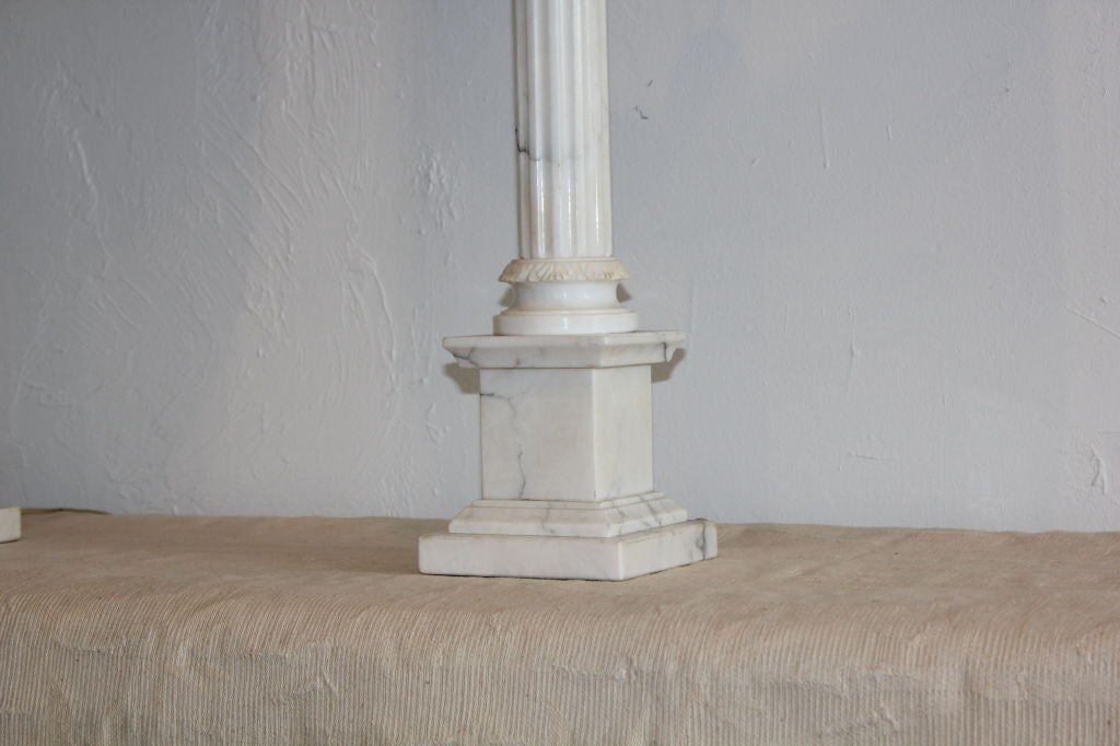 Carved Marble Pillar Lamps W/ Maria Kipp Shades In Excellent Condition In San Diego, CA