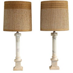 Carved Marble Pillar Lamps W/ Maria Kipp Shades 7