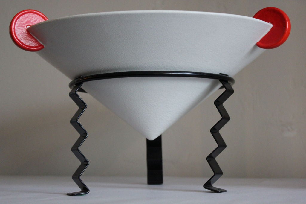 Ceramic centerpiece bowl in a metal stand designed by Ettore Sottsass for Memphis. unsigned