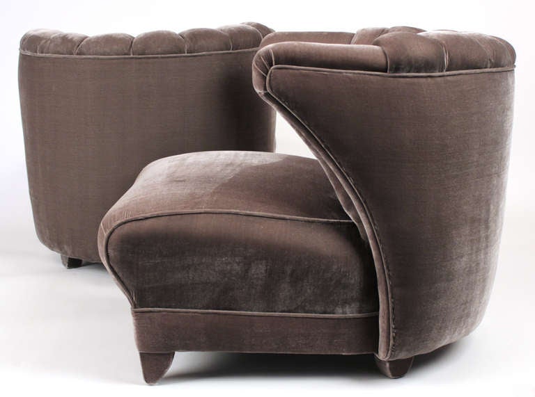 Beautiful pair of lounge chairs with medium grey silk velvet upholstery by James Mont.