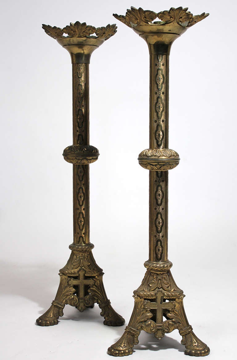 Gothic Revival Large Gothic Altar Candlestick Pair Brass