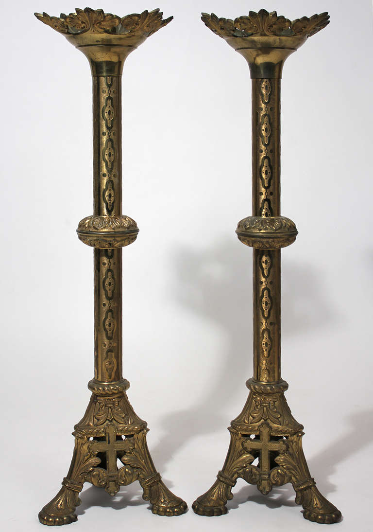 Large Gothic Altar Candlestick Pair Brass at 1stDibs