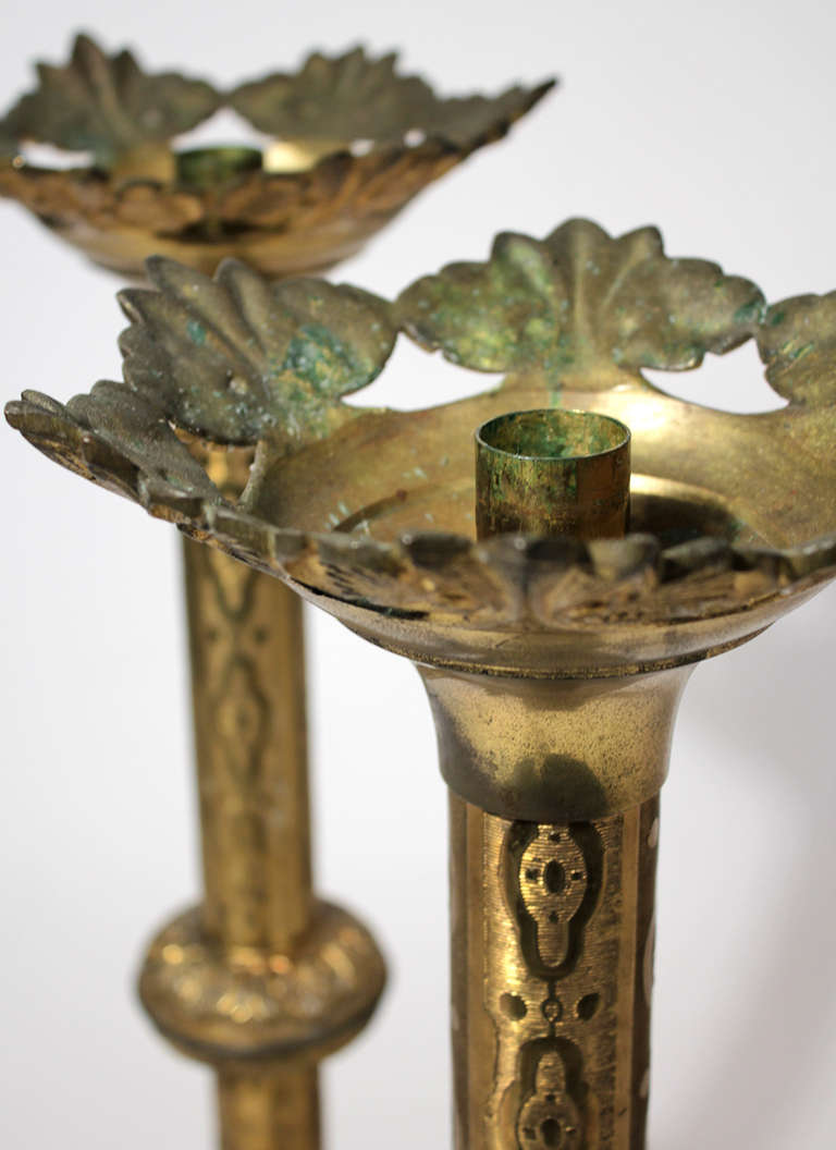 Large Gothic Altar Candlestick Pair Brass 3