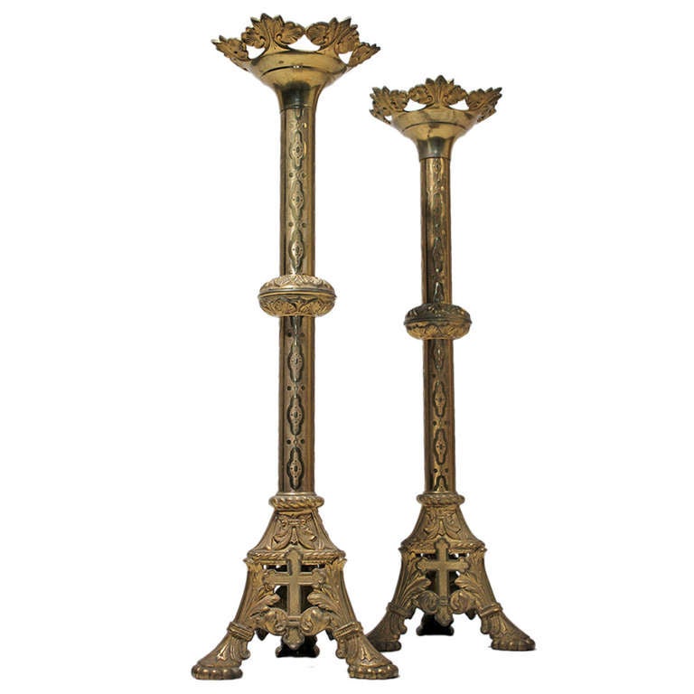 Large Gothic Altar Candlestick Pair Brass