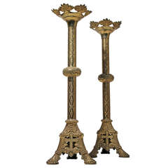 Vintage Large Gothic Altar Candlestick Pair Brass