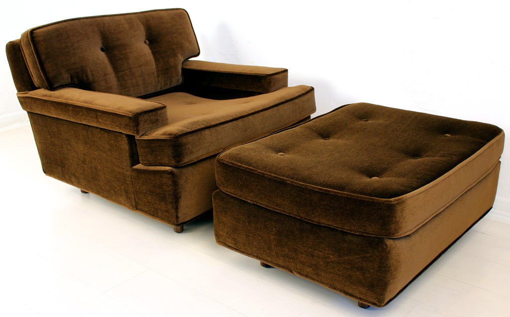 Large scale lounge chair and ottoman designed by Harvey Probber. Pieces are upholstered in dark brown heavy wool mohair. 

Lounge Chair:

height=29