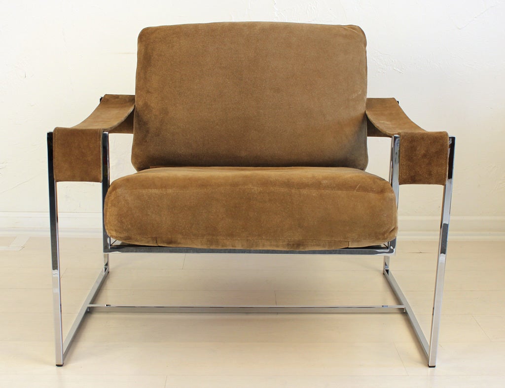 Chrome square tube frame lounge chair designed by Milo Baughman for Thayer Coggin. Upholstery is suede leather. The suede is original and in very nice condition with light signs of age.