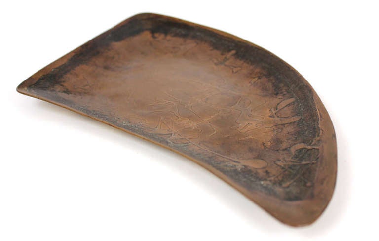 Free form sculptural acid etched brass tray hand wrought by Ed Wiener. Marked on back as pictured. 1950.