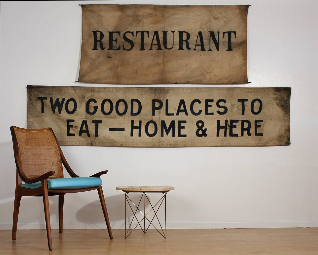 Fantastic pair of perfectly soiled and weathered canvas signs with hand painted typography from 1939 depression era roadside restaurant Sabdin & Son, at 2815 Mission Street, San Francisco, CA.

The last image pictures an original typed menu from
