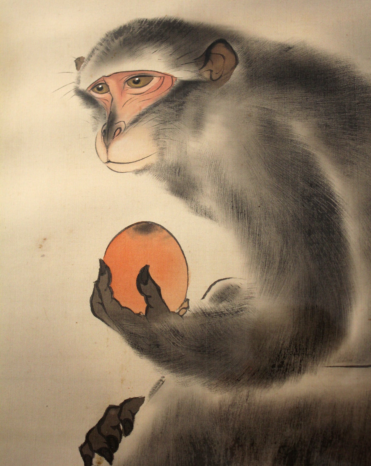 Japanese Meiji Period Monkey Silk Scroll Painting In Good Condition In San Diego, CA