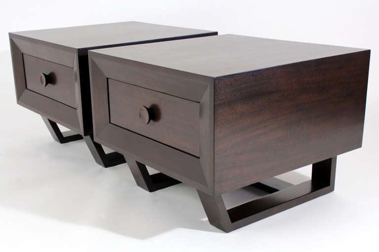 Pair of night stands or end tables custom designed in 1951 for the Johnston estate in Southern California. Dark brown lacquered finish.

Measurements are for each piece.