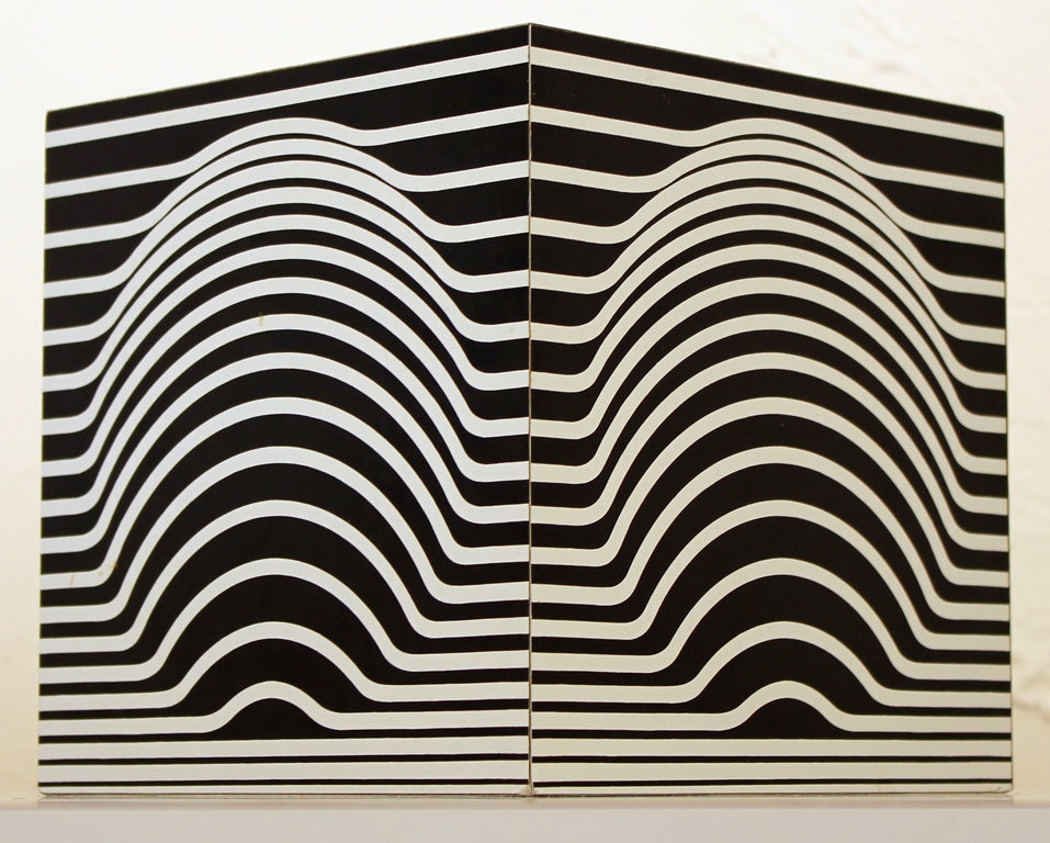 Victor Vasarely screened aluminum cube sculpture with original box from Galerie Denise Rene, Paris.