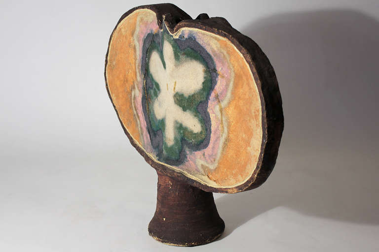 Large and rare early ceramic slab built Sky Pot decorated with colored oxides in sand by Jerry Rothman. Signed Rothman and dated 1961. PROVENANCE: John Olsen Estate