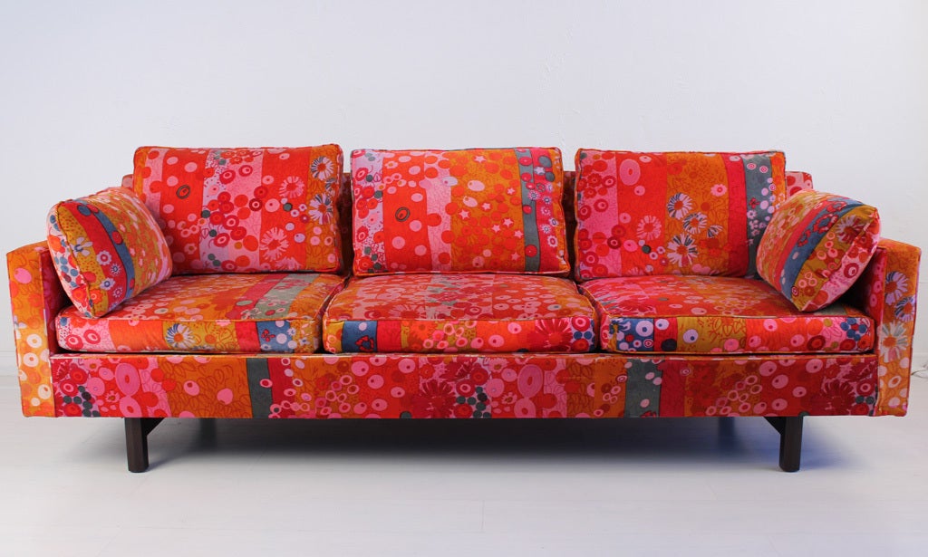Dunbar three cushion sofa with Jack Lenor Larsen designed primavera velour fabric and down back and side cushions. 

Primavera was the first printed velour textile for JLL in 1960.
Inspired by the paintings of Gustav Klimt