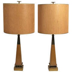Pair of Stiffel Walnut and Brass Finished Lamps