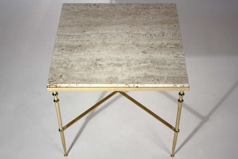 French Brass and Travertine Side Table