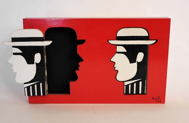 Two Heads in a Red Box by Greek artist Yannis Gaitis (1923-1984). Painted wood wall hanging construction. Signed and numbered edition 5/25.