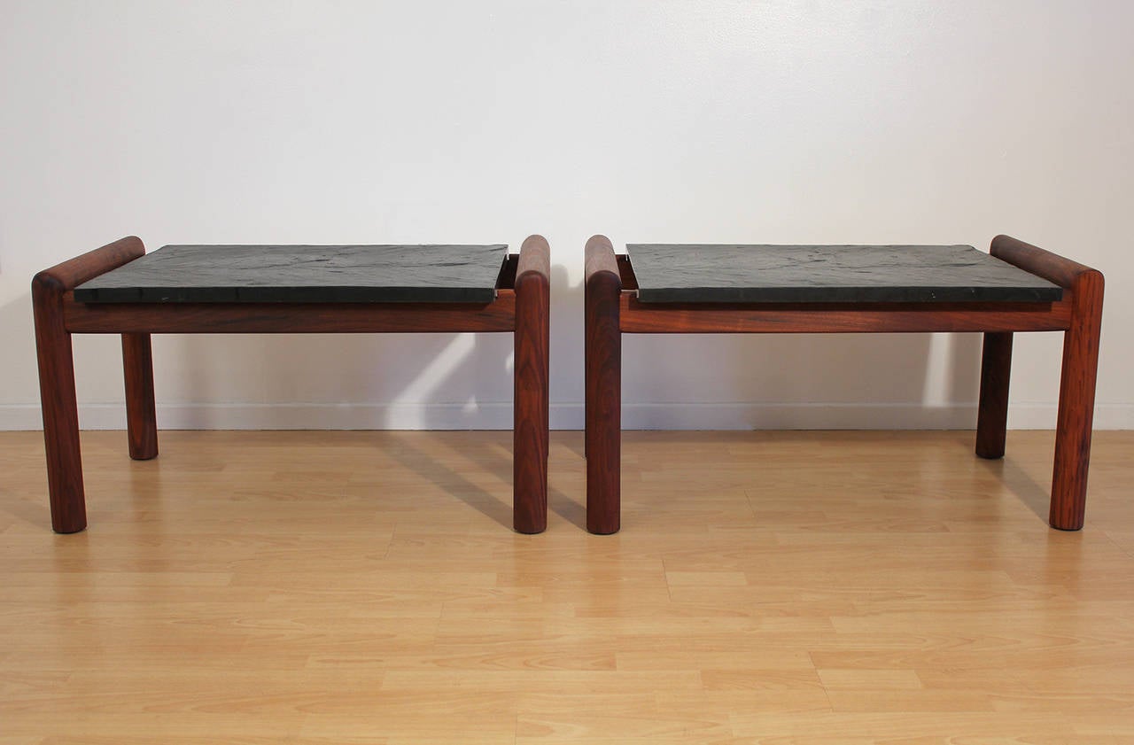 Simple modernist solid walnut end tables or side tables designed by Adrian Pearsall for Craft Associates. Matching coffee table also available.

Below measurements are overall dimensions. Actual slate top measures 27