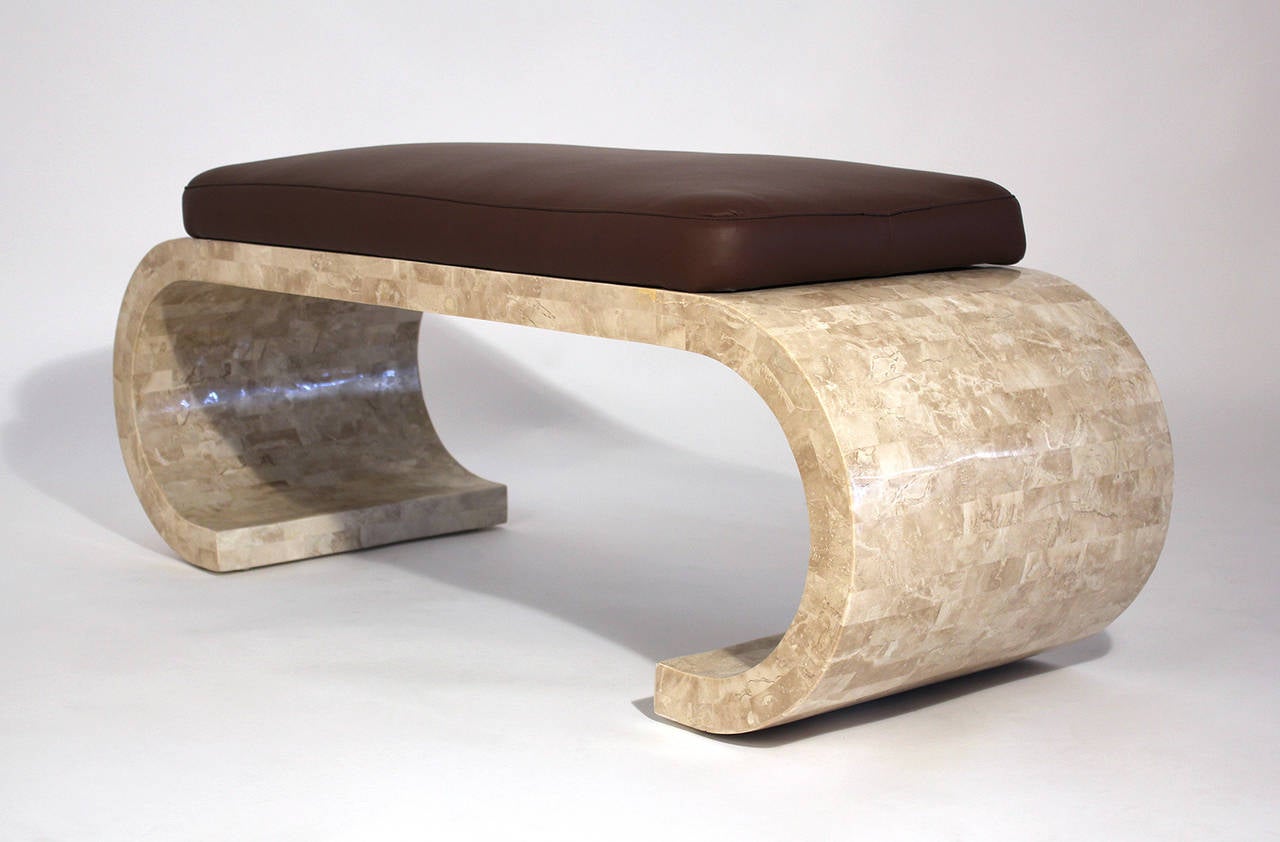 Hollywood Regency Tessellated Stone Bench with Leather Seat
