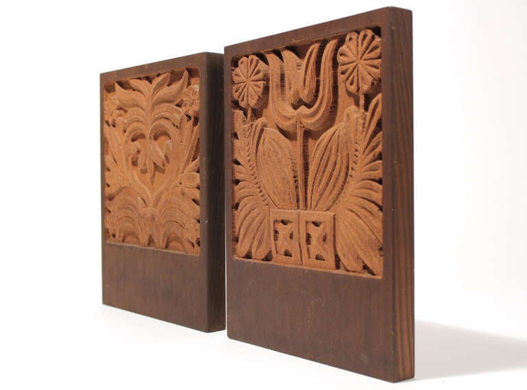 Pair of wall hanging carved wood sculptural panels by Evelyn Ackerman for Era Industries.

Dimensions are for each.