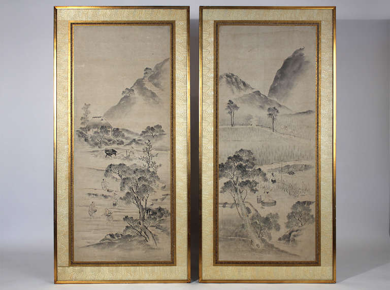 Pair of 18th Century Japanese scroll paintings mounted on board, matted and framed. Good condition.

Edge of matting on one corner slightly discolored as shown is last image. General age and wear to overall image and frame as pictured. Additional
