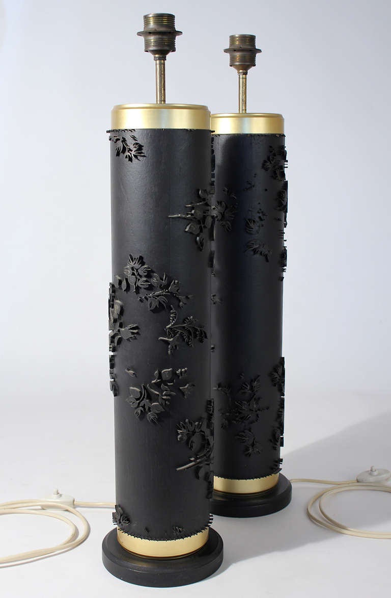 Decorative matched pair of tall cylindrical French Art Deco wallpaper roller table lamps with shades.

Measurements:
Overall height with shade: 42