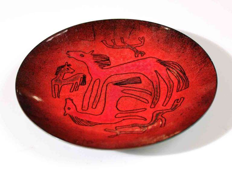 Enamel on copper plate by Ellamarie and Jackson Woolley. Marked on base. This is a very early example with a great graphic.