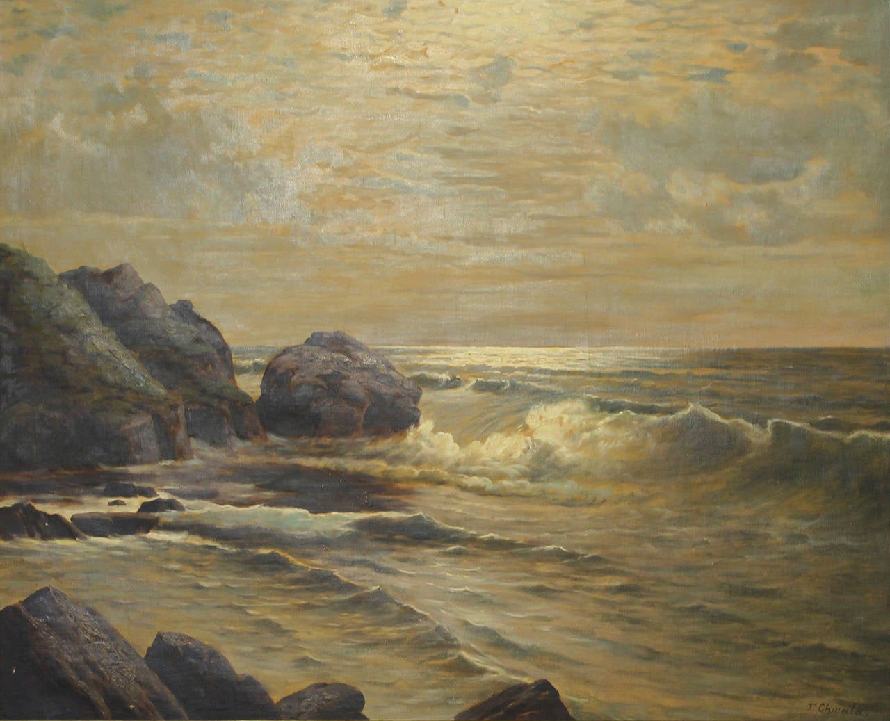 Seascape oil on canvas framed painting by Austrian artist Fritz Chwala (1872-1936).

Framed: 34.5
