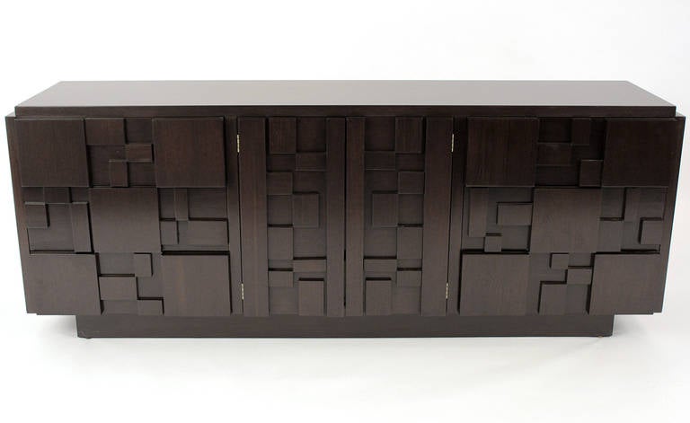 Brutalist, Paul Evans inspired mosaic block patterned nine-drawer dresser or chest in a lacquered dark brown finish by Lane.