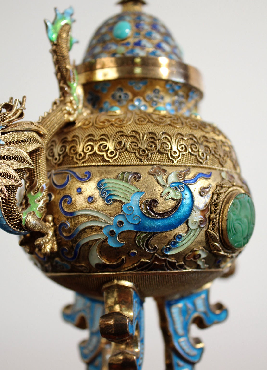 20th Century Antique Chinese Sterling Silver with Jade Dragon Censer