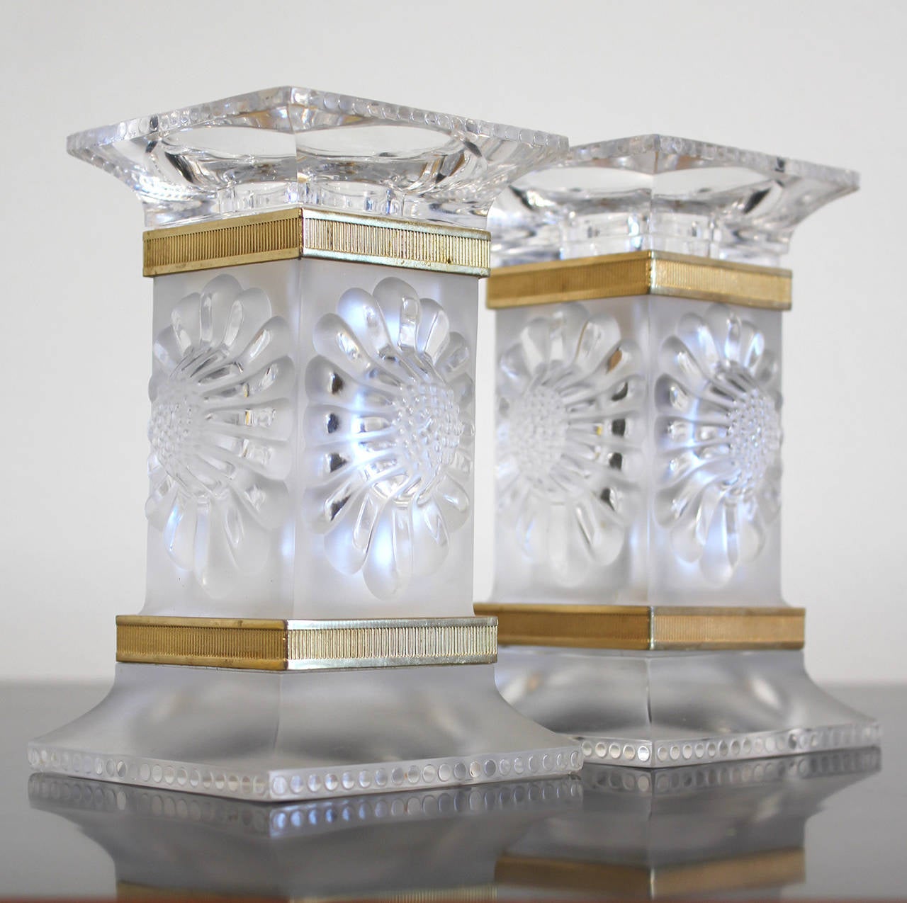 Vintage Pair of Lalique Crystal Candlesticks Candle Holders, France at