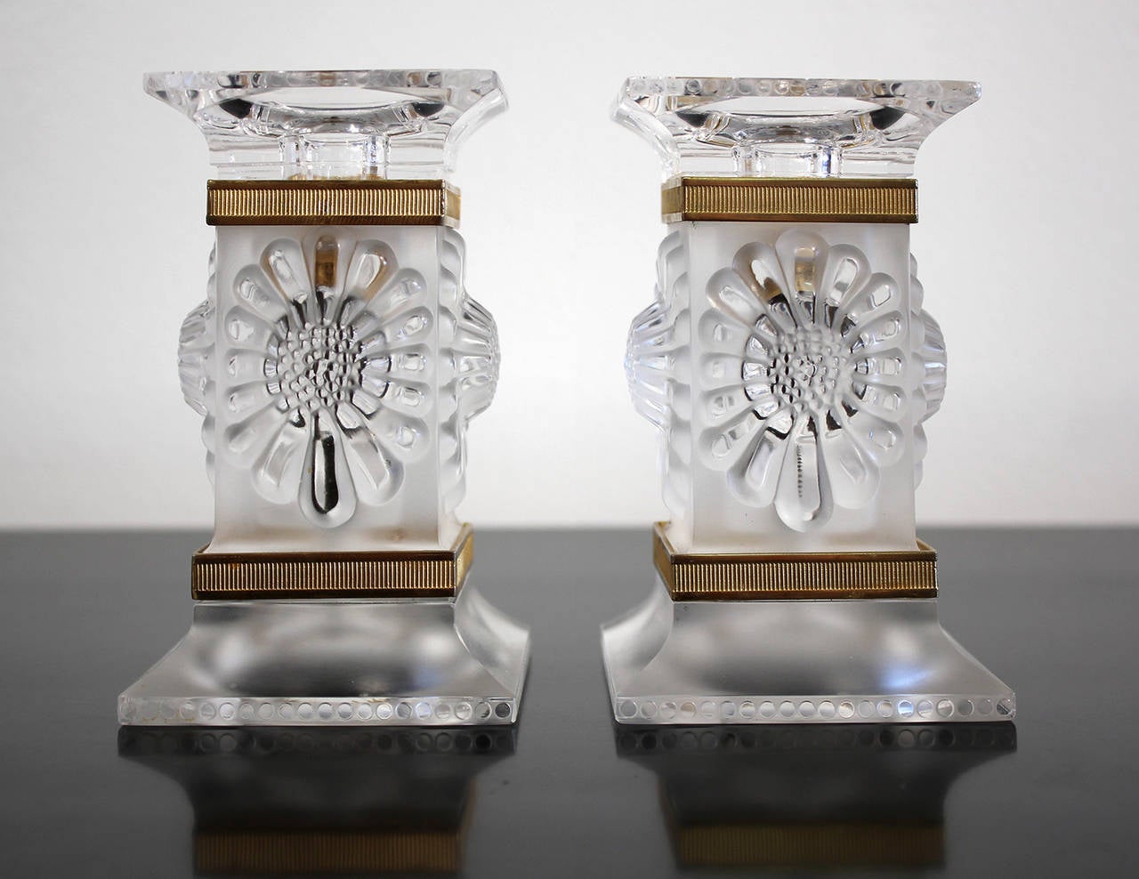Vintage Pair of Lalique Crystal Candlesticks Candle Holders, France at