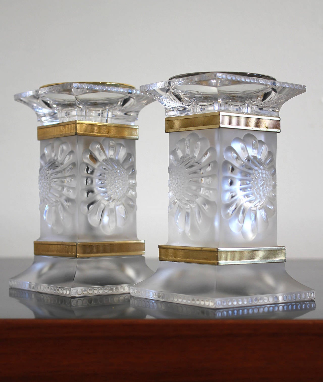 Vintage Pair of Lalique Crystal Candlesticks Candle Holders, France at