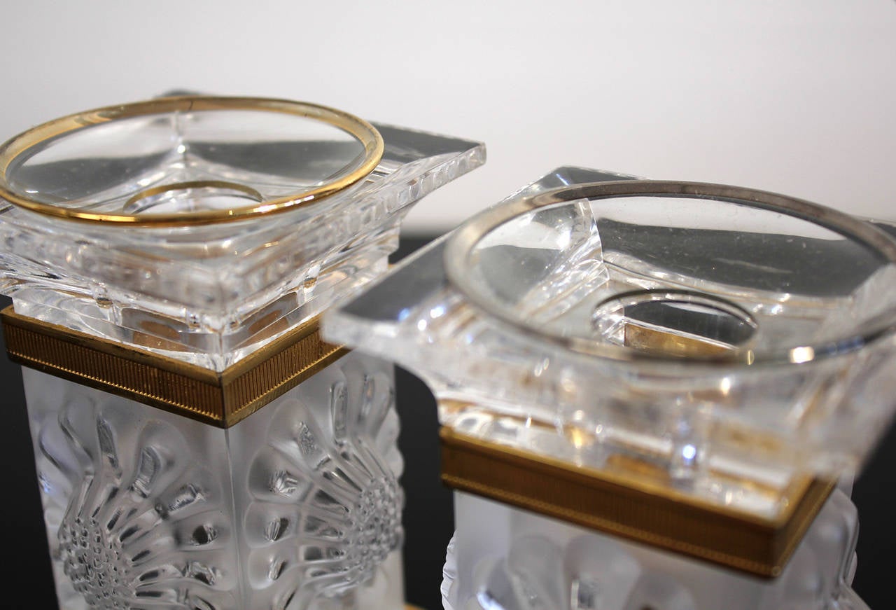 Vintage Pair of Lalique Crystal Candlesticks Candle Holders, France at
