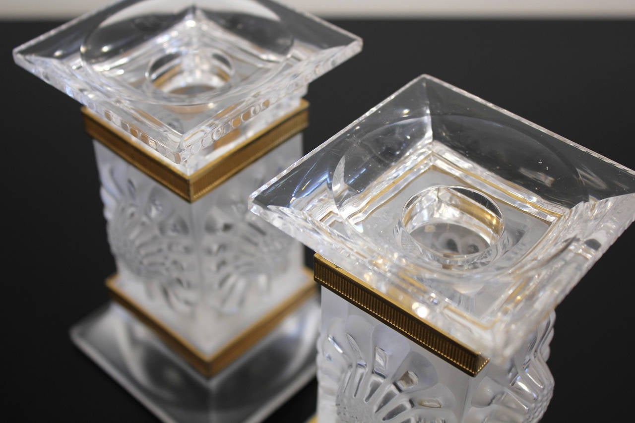 Vintage Pair of Lalique Crystal Candlesticks Candle Holders, France at