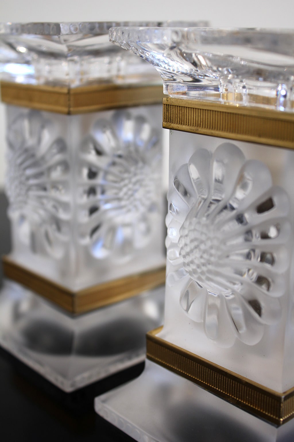 Vintage Pair of Lalique Crystal Candlesticks Candle Holders, France at