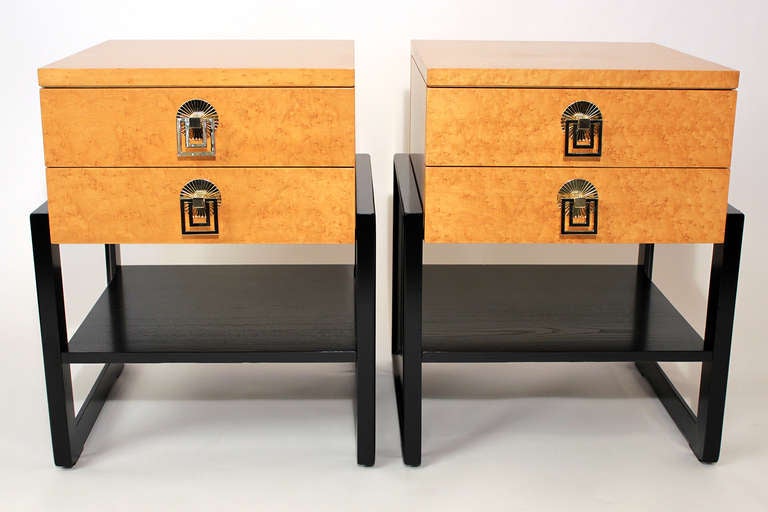 Pair of end tables or nightstands in burl wood with black lacquered based and brass finished pulls designed by Renzo Rutili for Johnson Furniture / Jon Stuart Inc.