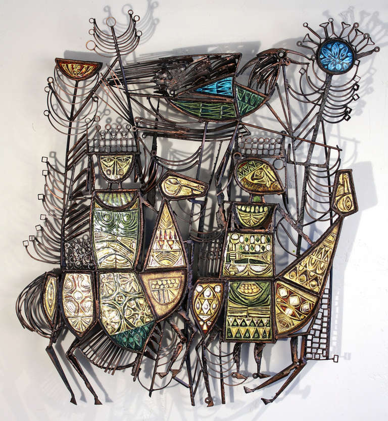 Large Del Campo Bronze & Enamel Wall Sculpture