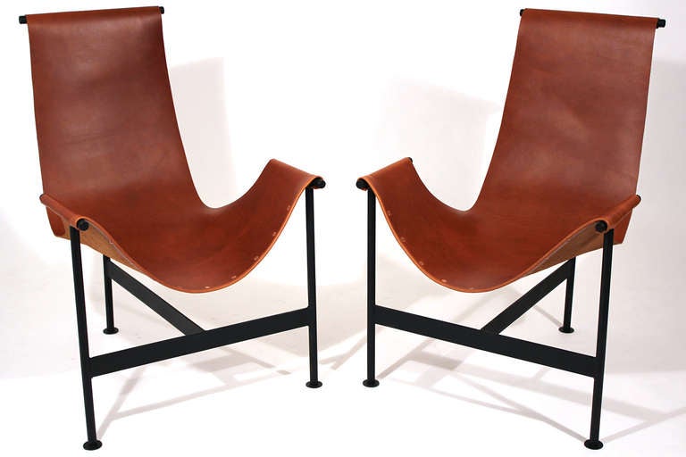 Black painted steel frames and full grain Brazilian steer hide pair of lounge chairs fully restored.