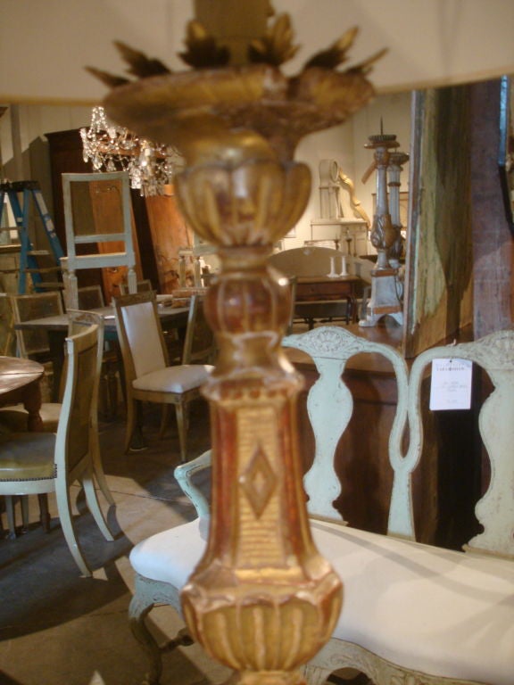 19c Italian Gilded Candlestick Lamp with Shade (US wired)