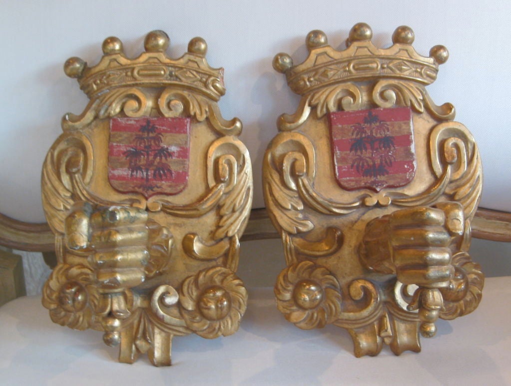 Pair 19c Italian Arm Appliques with Family Crest