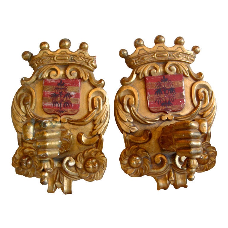 Pair 19c Italian Arm Appliques with Family Crest