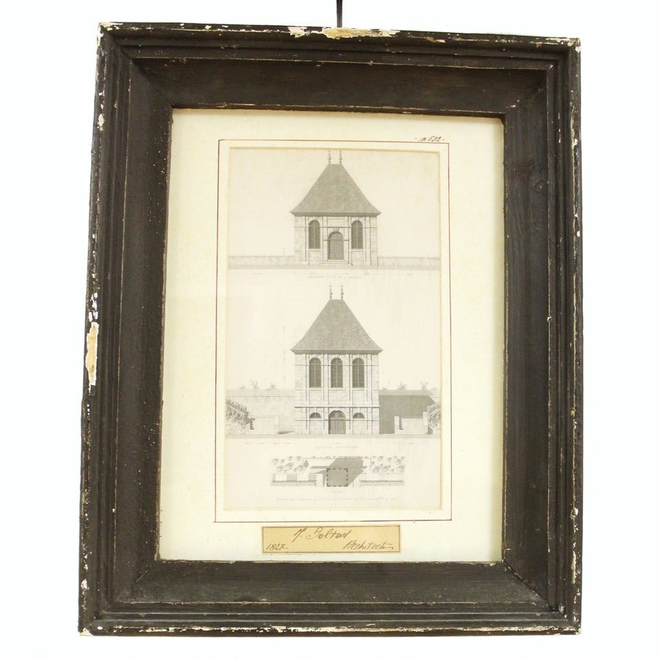 Vintage framed set of European reproductions. Architectural renderings include various architects signed work from 1824-1827 of buildings including pagoda scene and garden building site plans. Two with color illustrations. Back of frames are sealed