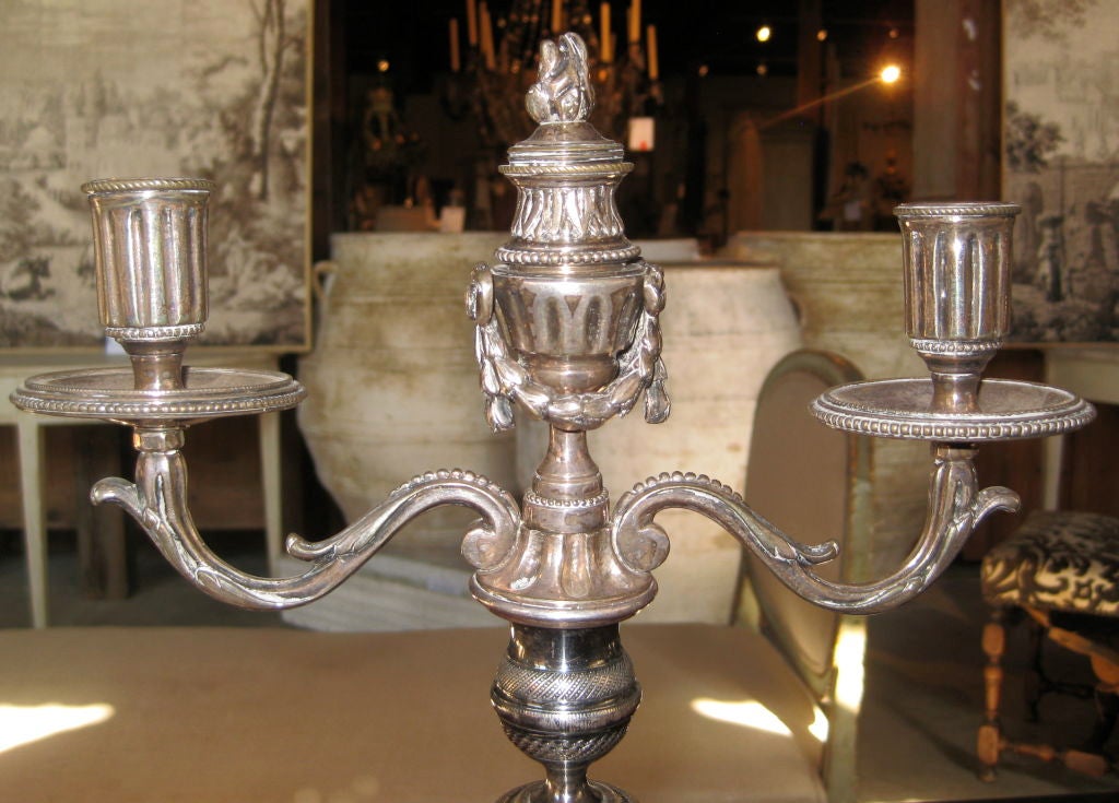 Louis XVI Silverplated Candelabra with cylindrical stem and floral border