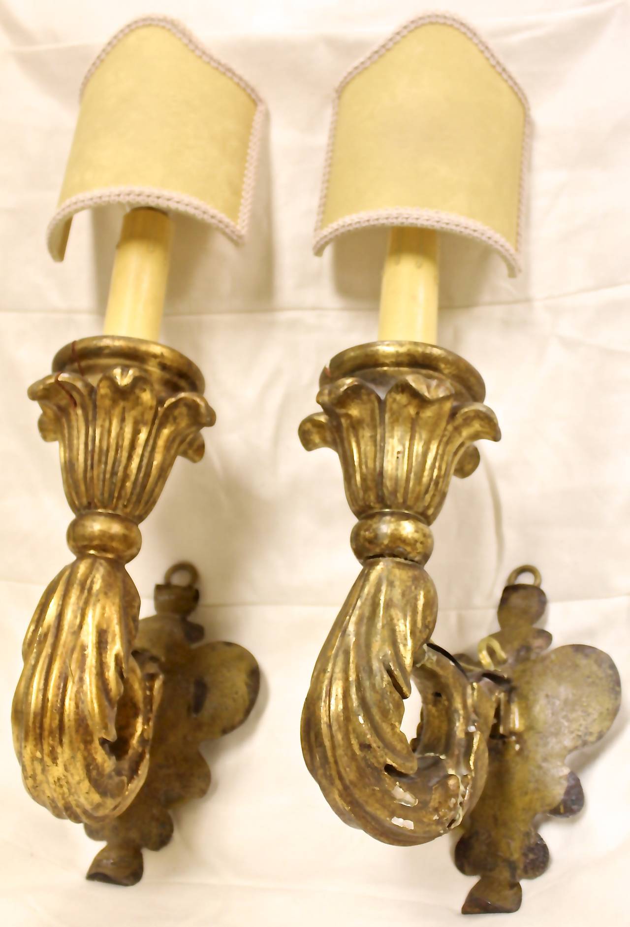 Pair of 19th Century Italian Gilded Sconces with Shield Shade