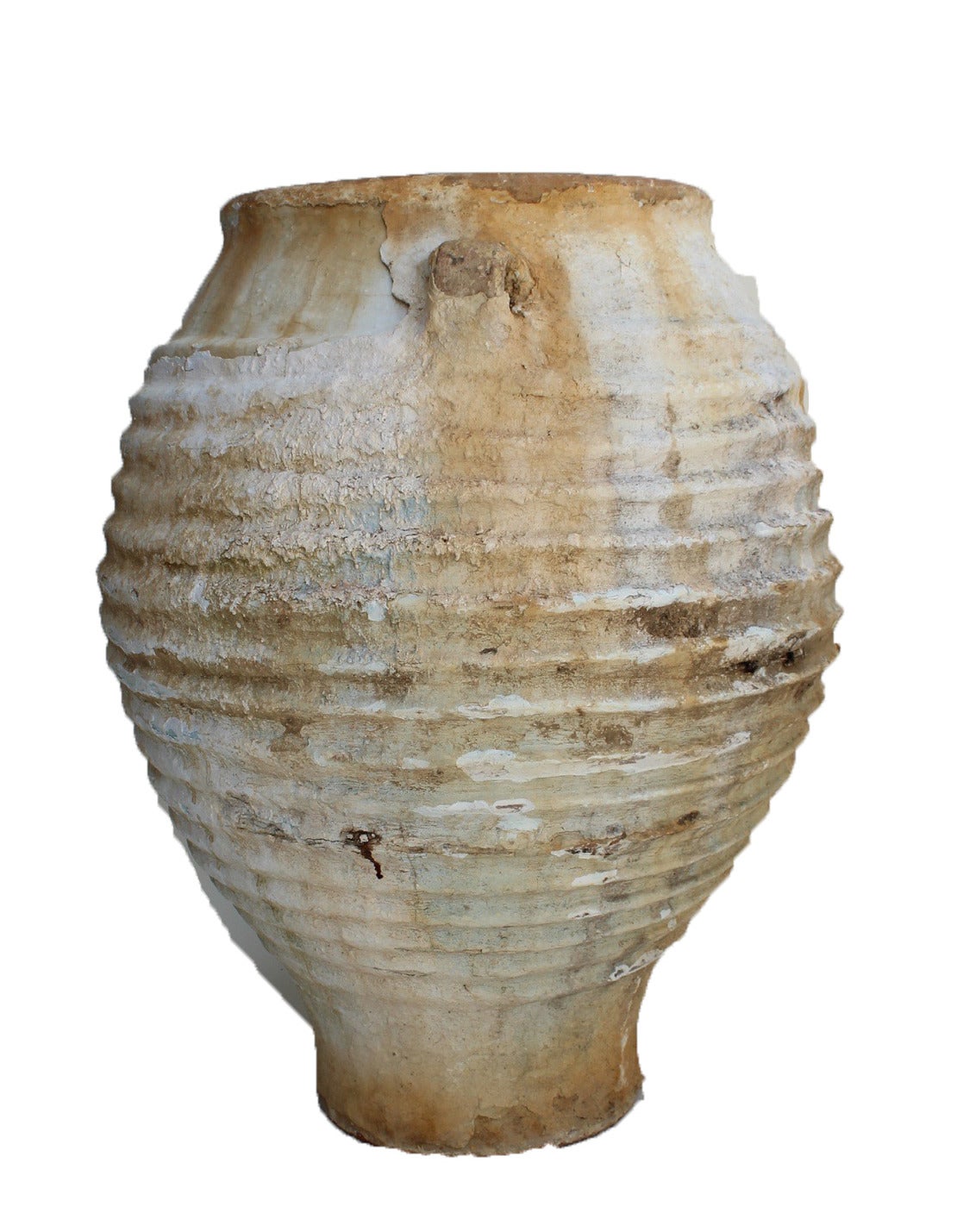 Large beautiful 19th century terracotta olive jars with antiqued white paint from Mediterranean area. We have many to select from in a range of sizes, shapes and colors.
Large olive jars provide a wonderful architectural feature to outdoor gardens