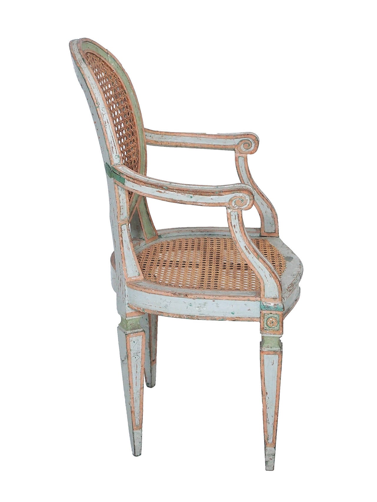 Antique Louis XVI Style Italian Caned Armchairs  In Distressed Condition In New Orleans, LA