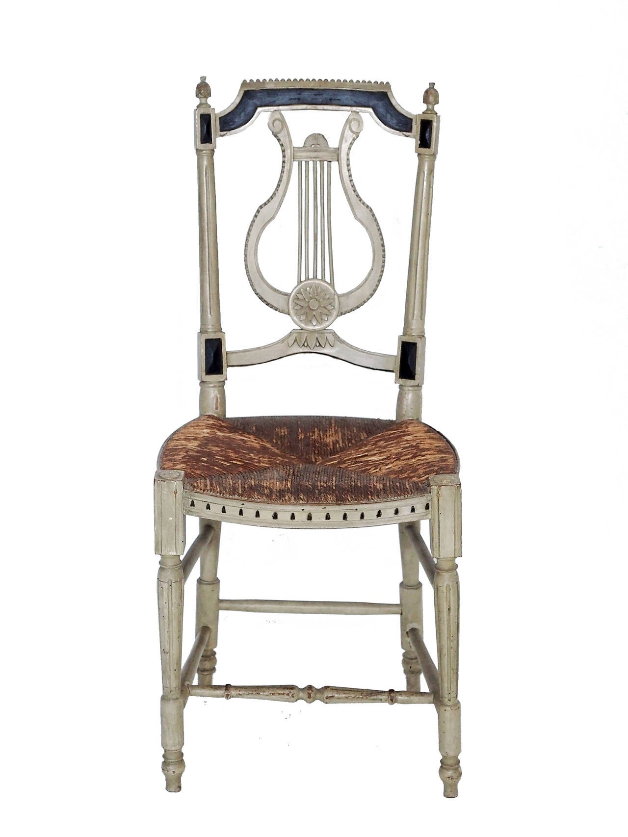 Hand Carved Painted Lyre Back Chairs with Rush Seat - Beautiful Original Patina. Tabouret Not Included.