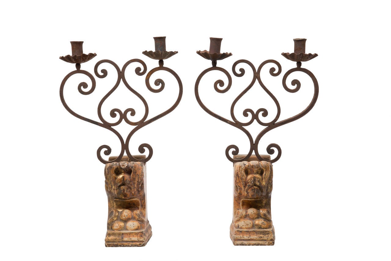 19th Century Italian Iron and Wood Candelabras In Good Condition In New Orleans, LA
